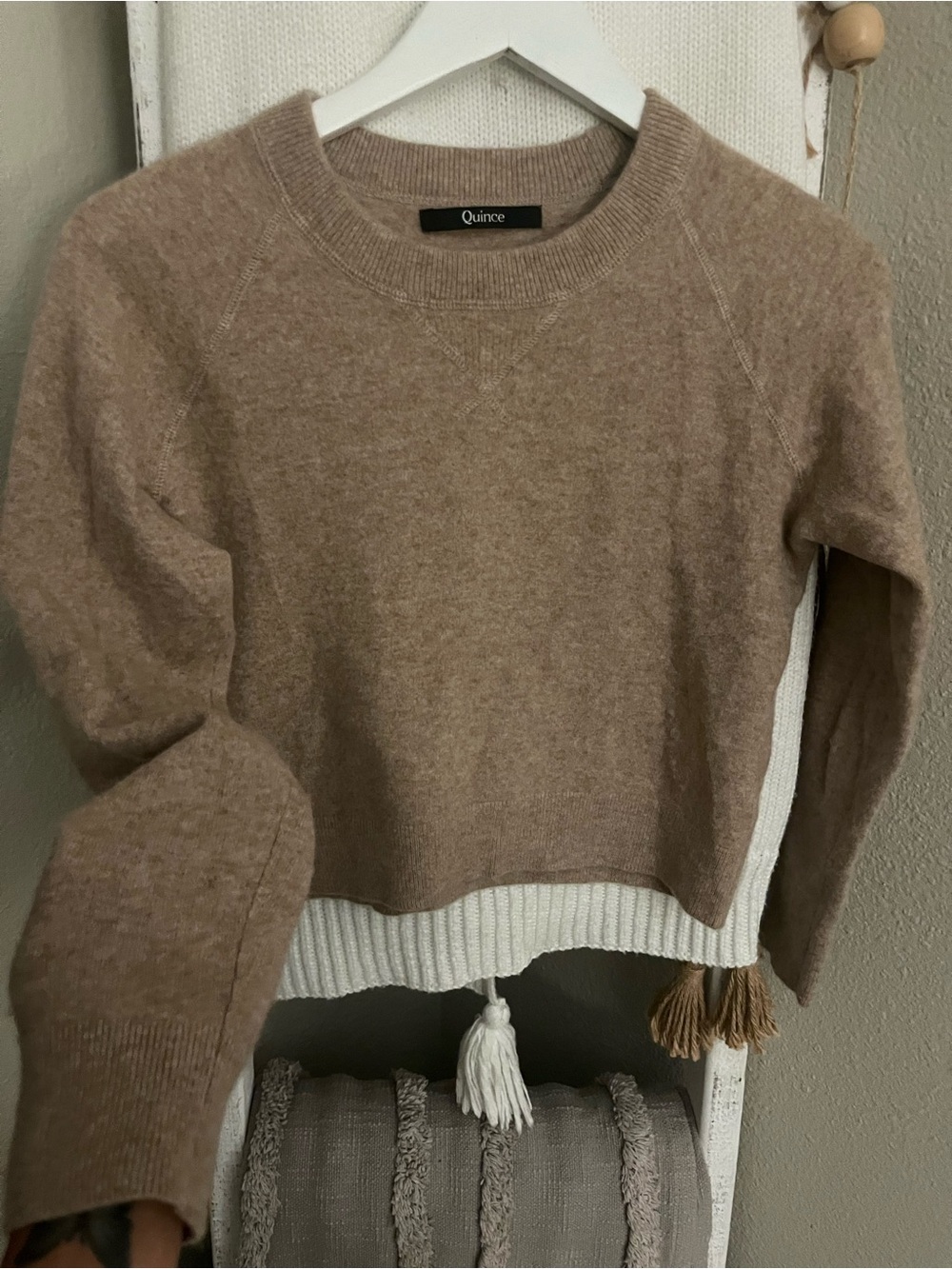 Quince Beige-Taupe Cropped Crewneck Sweater